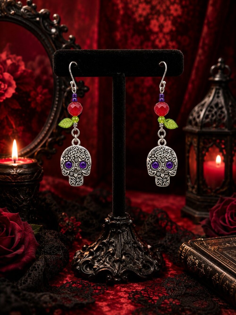 Handmade Steel Sugar Skull Earrings Red Rose Beads & Green Leaves Day of Dead